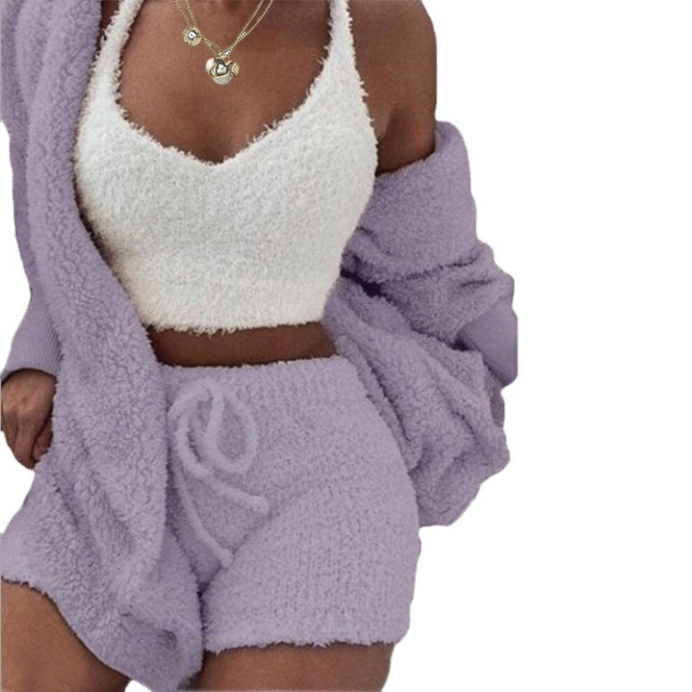 Women's Plush Three-Piece Long Sleeve Vest Shorts Track Set teemdrop