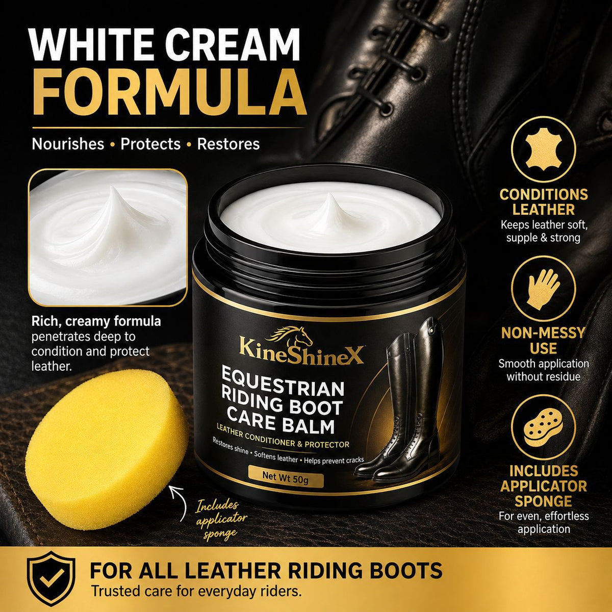 Equestrian Riding Boot Care Cream 50g with Sponge - Nourishes Polishes and Prevents Cracking on Genuine Leather Long Boots teemdrop