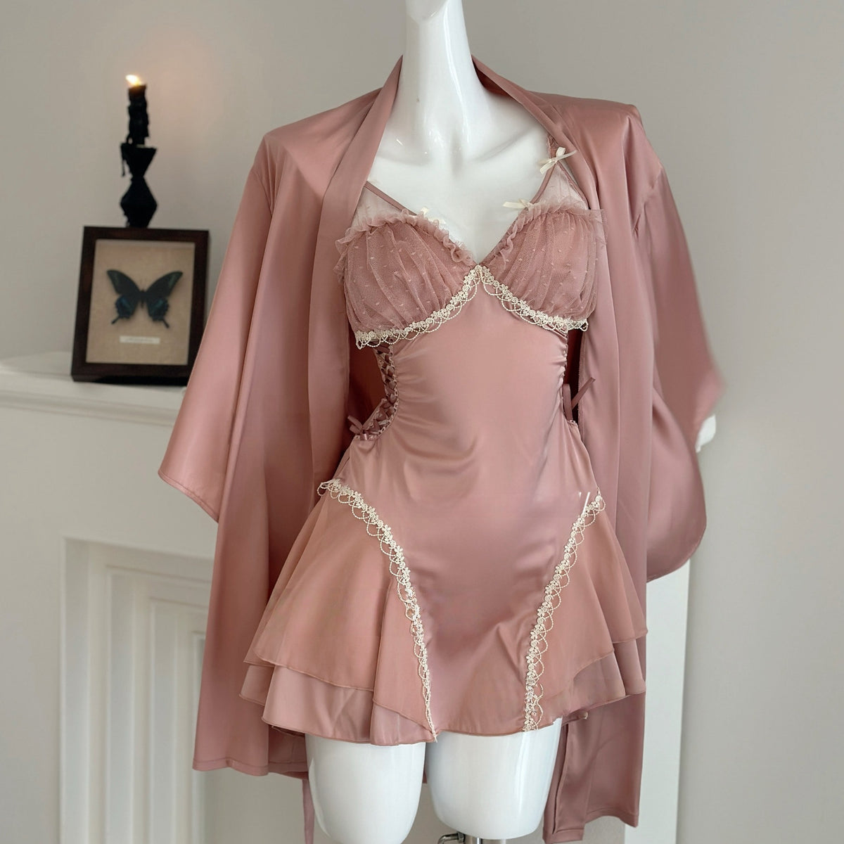 Women's Sexy Backless Mesh Lace Nightgown and Robe Set with Chest Pads teemdrop