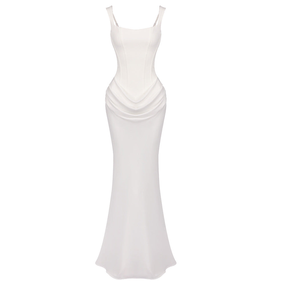 Women?s Drawstring Design Pleated A-Line Sleeveless Long Dress teemdrop