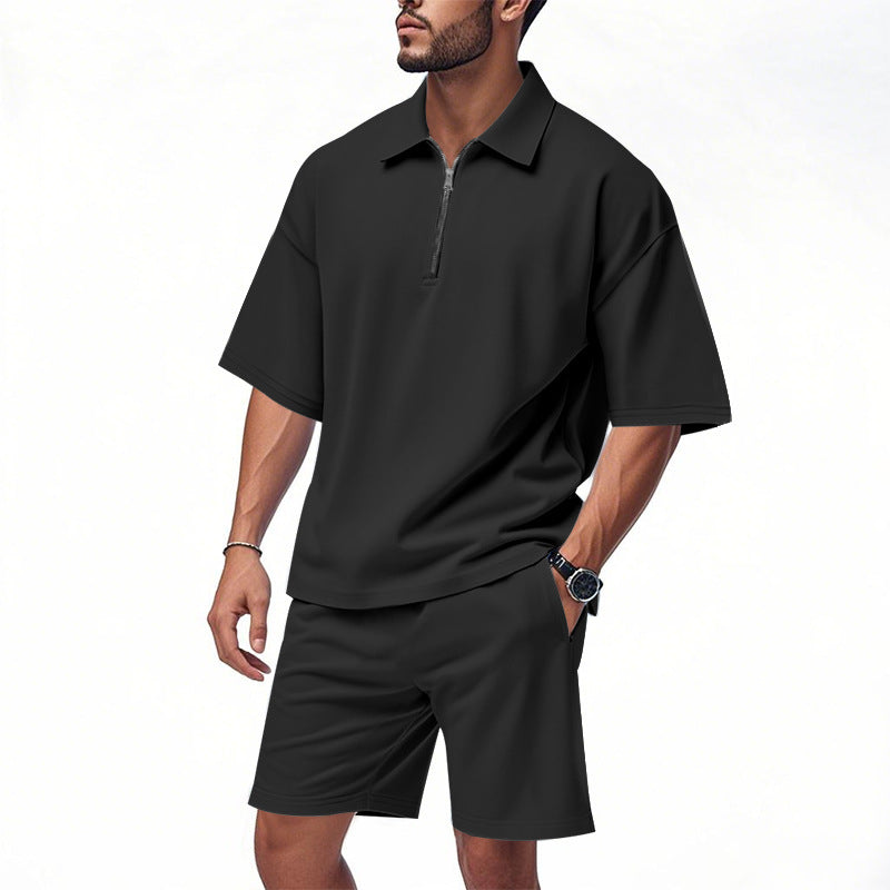 Men's two-piece short-sleeved zipper Polo shirt with shorts