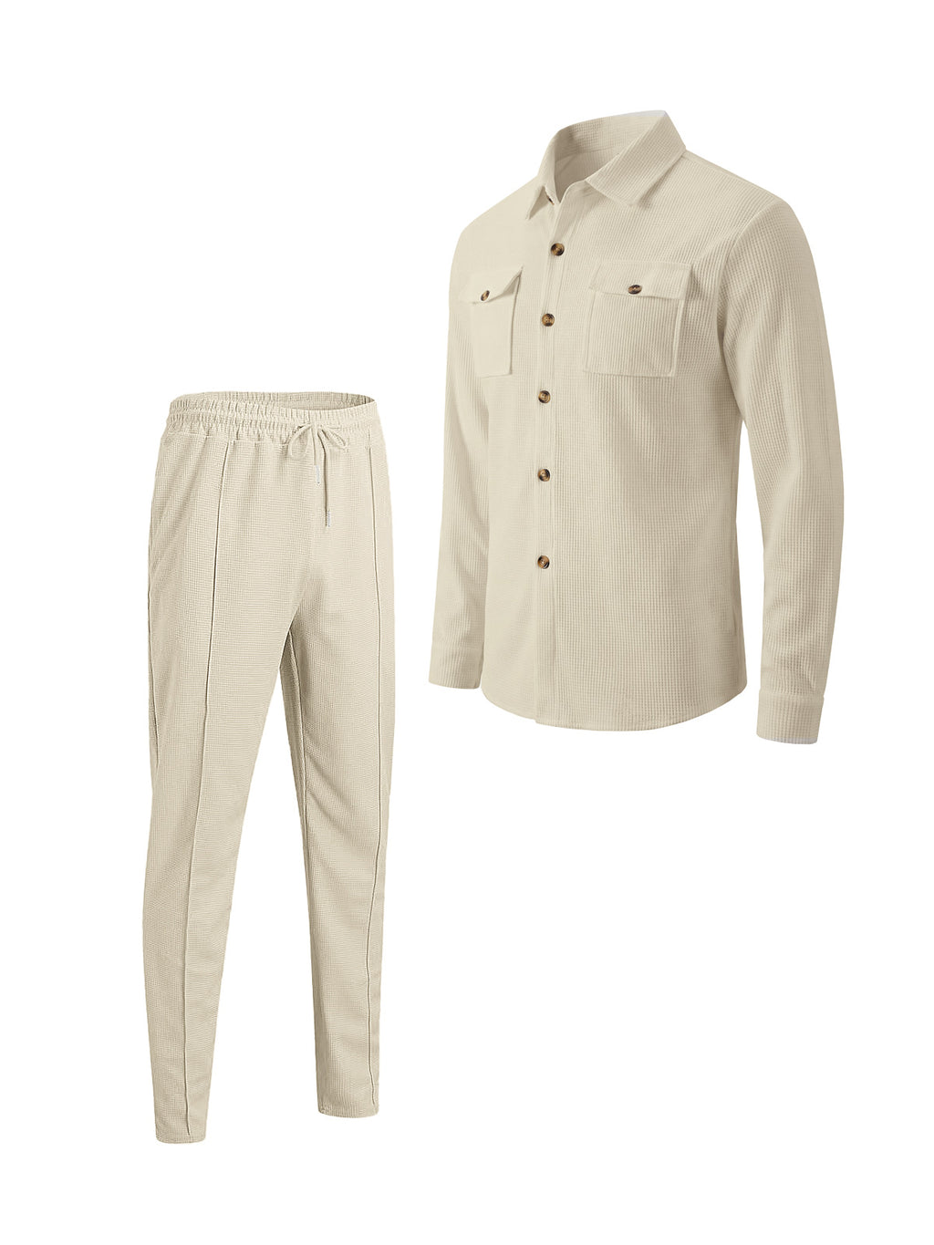 Men's Casual Waffle Solid Color Track Suit Long Sleeve Lapel Jacket and Pants Two-Piece Set teemdrop