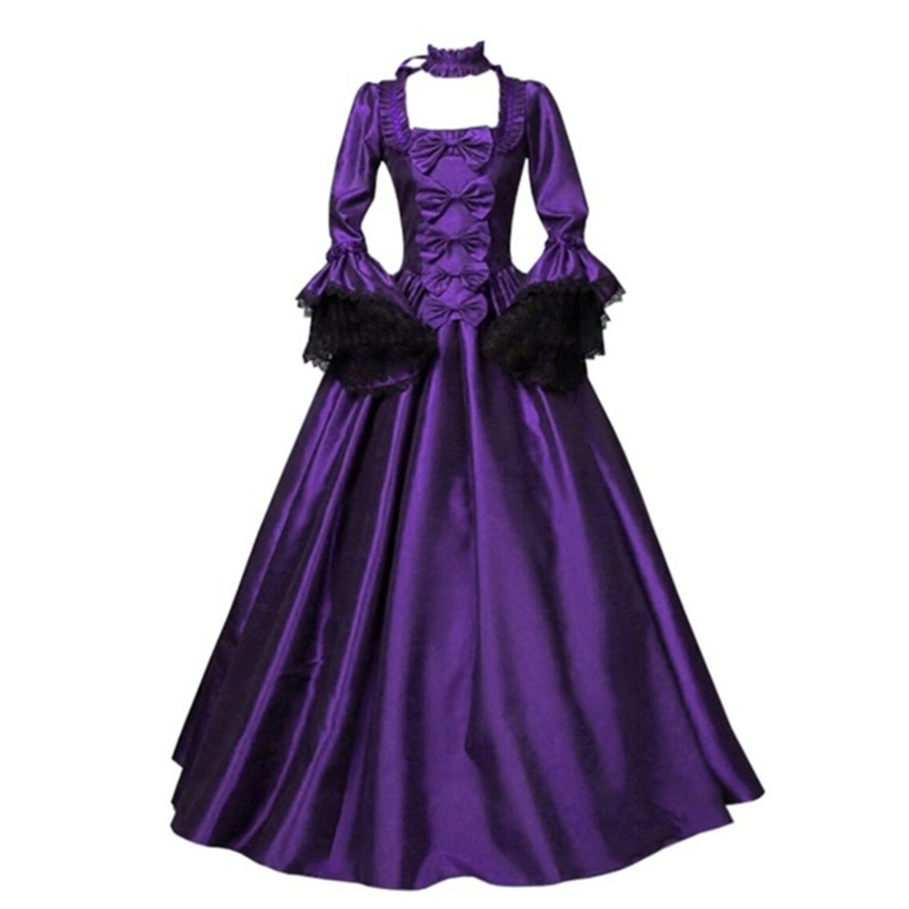 Women's Retro Lace Splicing High Waist Long Dress teemdrop
