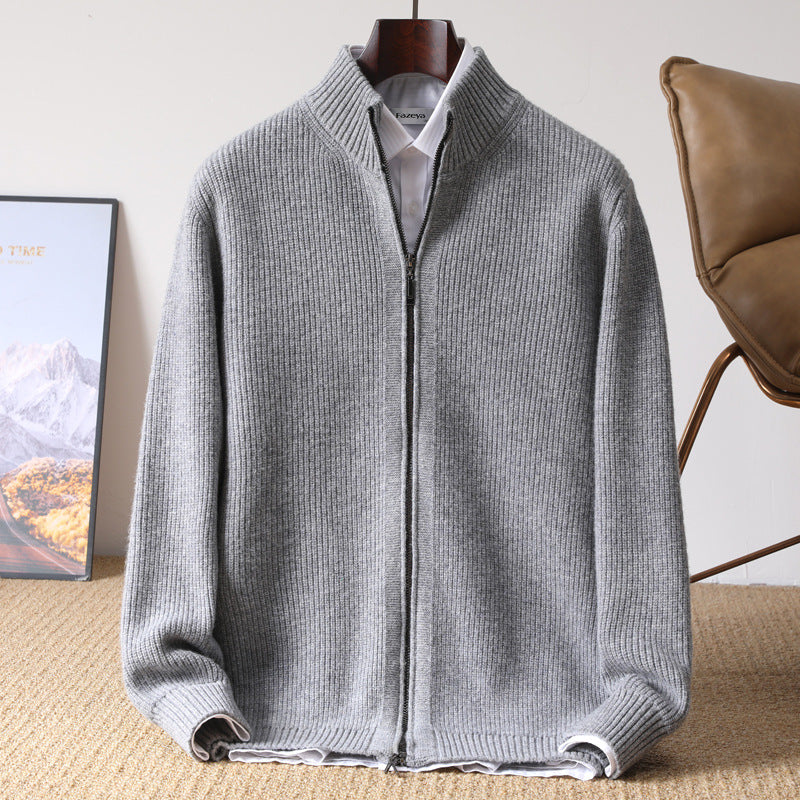 Men's 100% Wool Stand Collar Zip Cardigan teemdrop