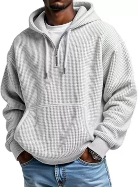 Mens Heavyweight Full-Zip Waffle Hooded Sweatshirt Long Sleeve Solid Color Casual Jacket teemdrop