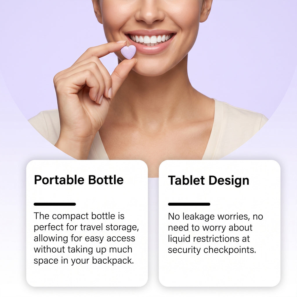 Purple toothpaste tablets clean teeth surface stains fresh breath
