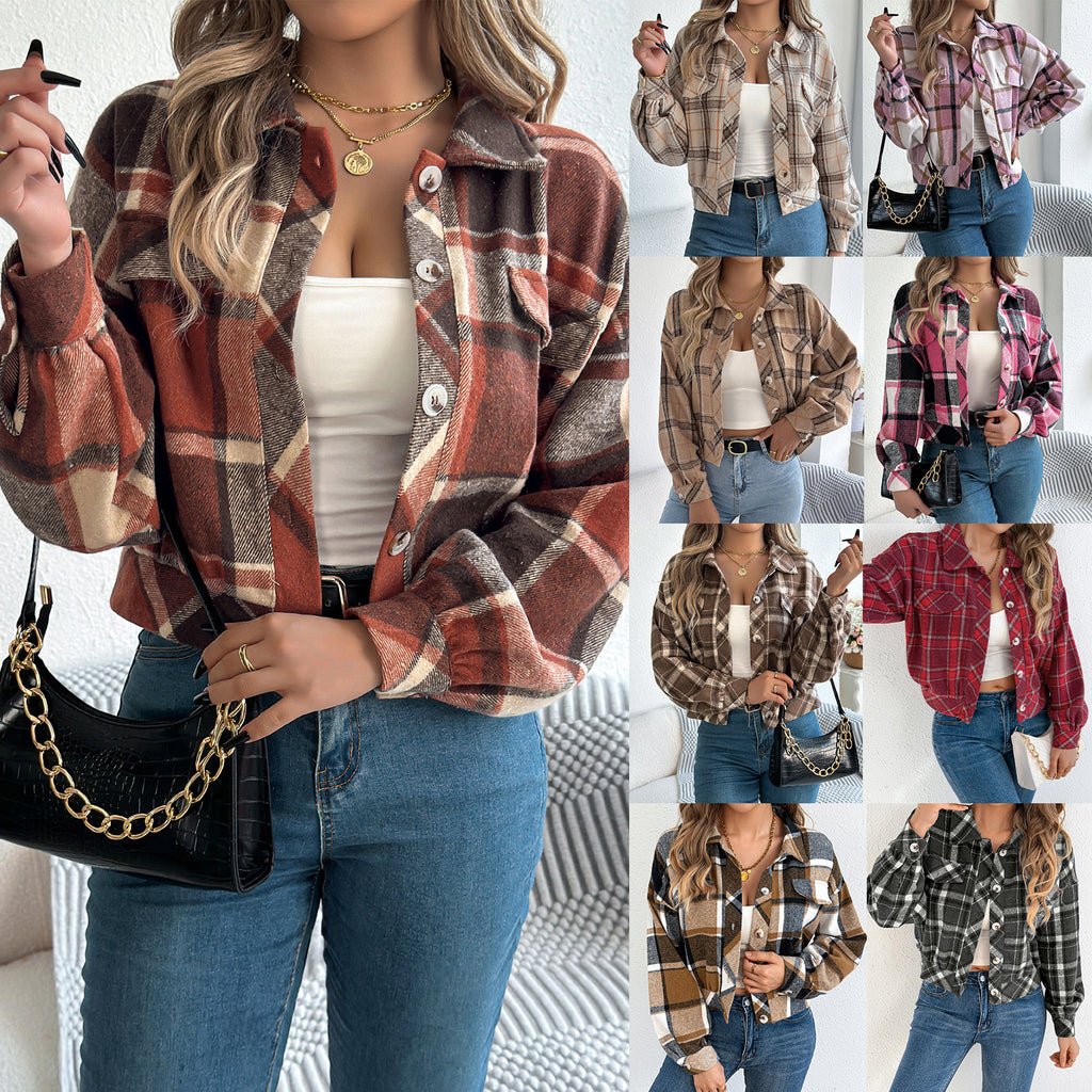 Women's Plaid Long Sleeve Lapel Woolen Jacket with Button Closure teemdrop