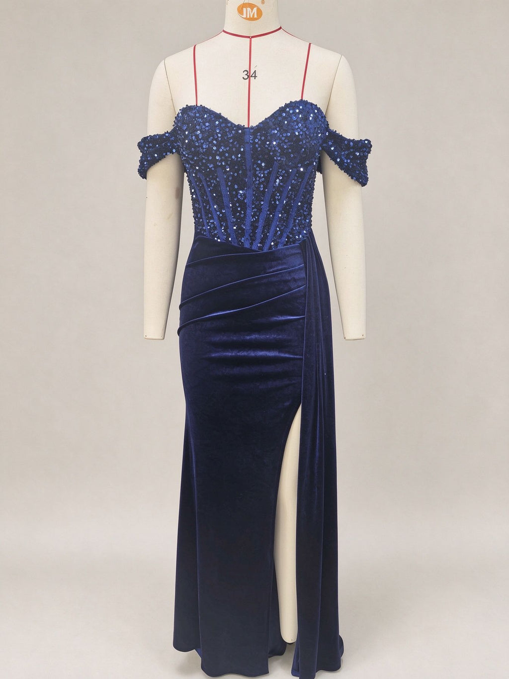 Off Shoulder Sequin Pleated Satin Evening Dress With Slit teemdrop