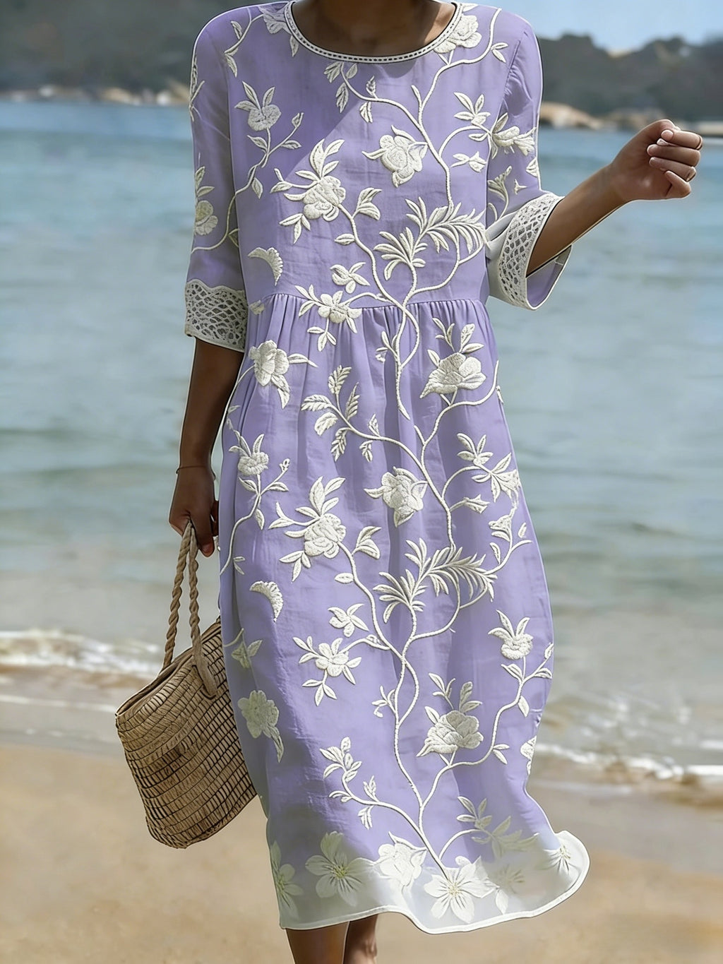 Women's floral print long-sleeved round-neck dress teemdrop