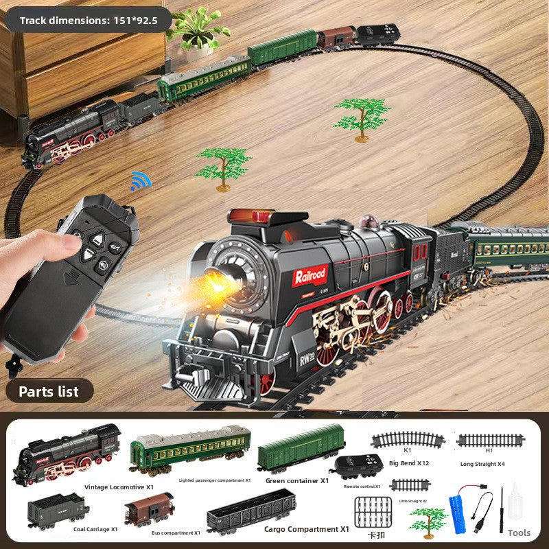 Retro Steam Train Toy Model with Remote Control Light Sound and DIY Track Set