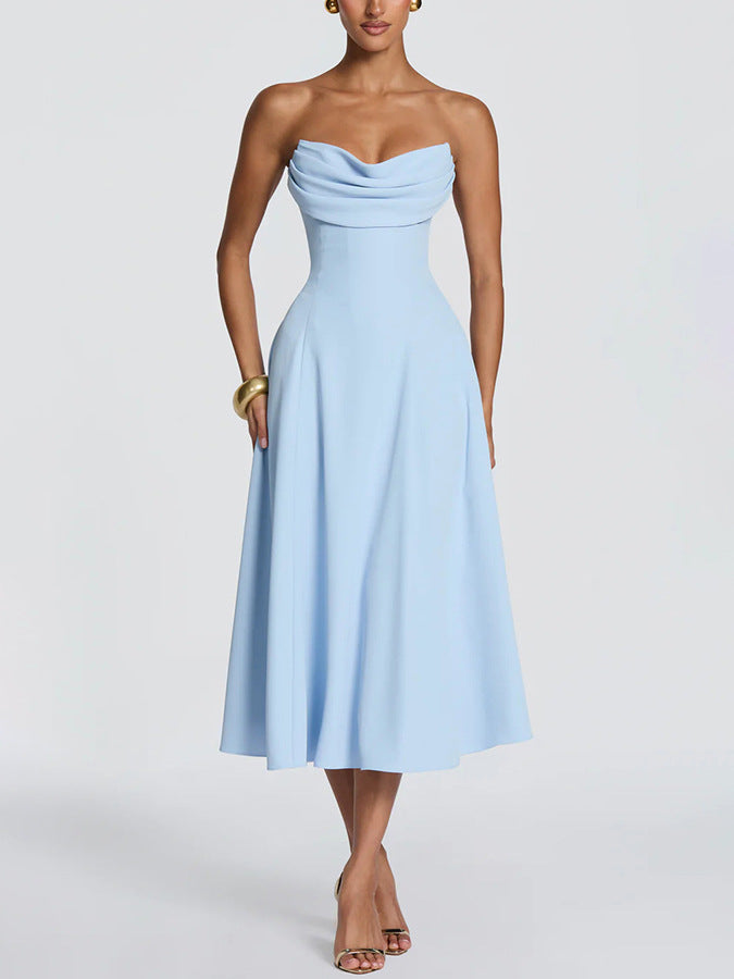 Women's Strapless Pleated Lace-Up A-Line Maxi Dress teemdrop