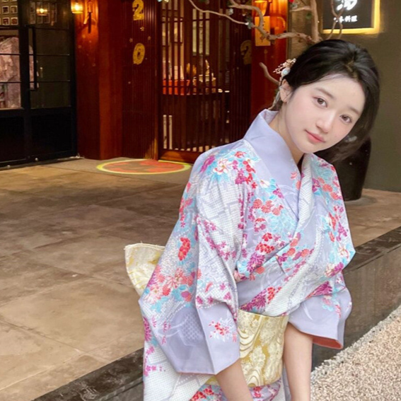 Womens Traditional Retro Japanese Camellia Print Kimono Dress with Girdle and Fan Headdress Set teemdrop