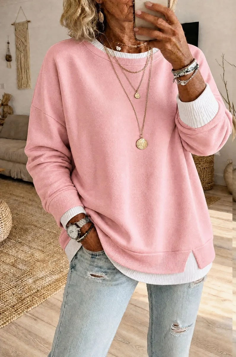 Women's Fake Two-Piece Ribbed Split Hem Round Neck Long Sleeve Pullover teemdrop