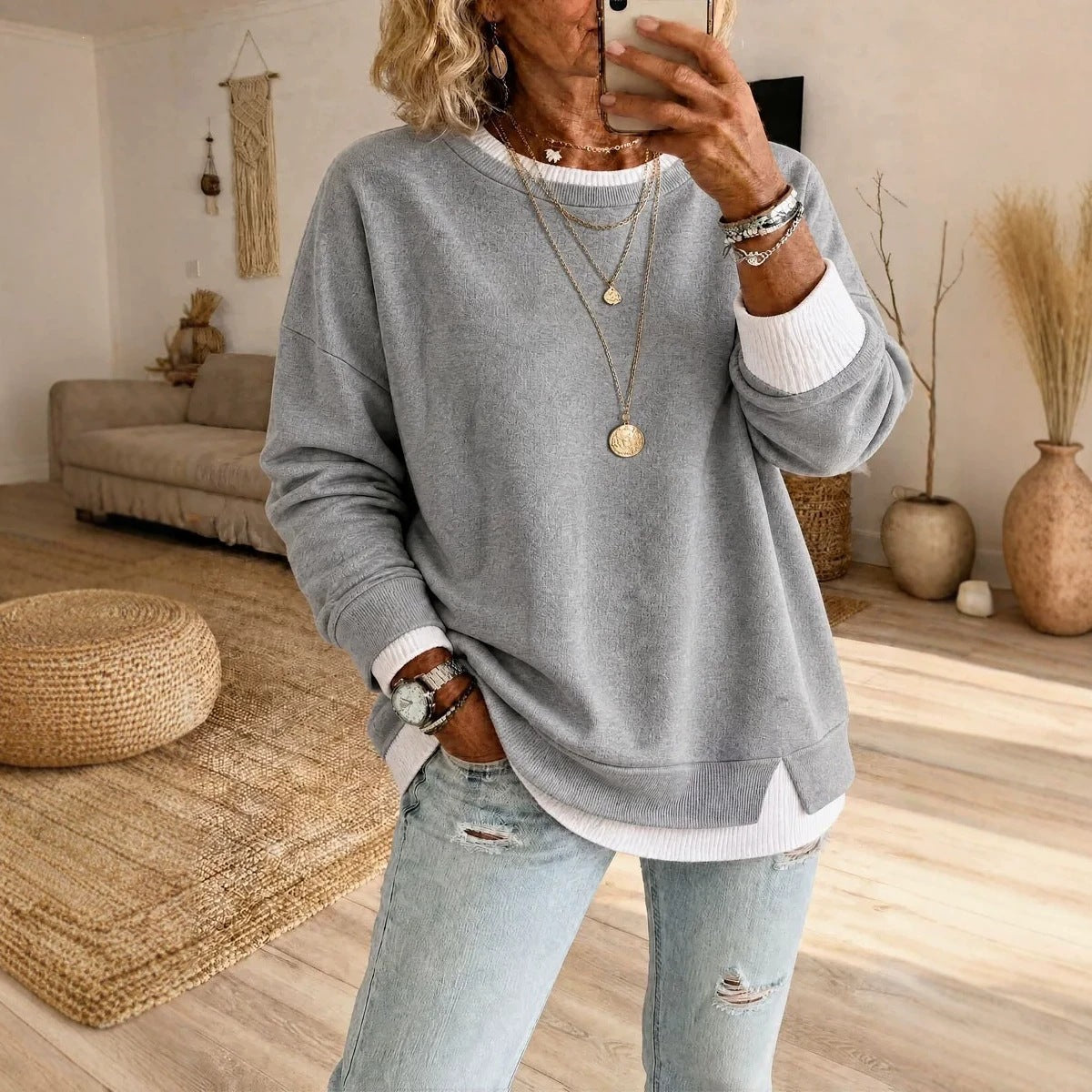 Women's Fake Two-Piece Ribbed Split Hem Round Neck Long Sleeve Pullover teemdrop