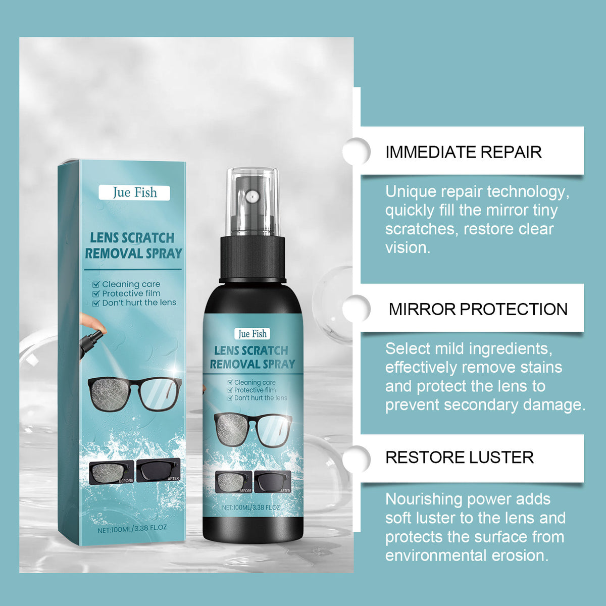 Jue-Fish 100ml Lens Scratch Repair and Defogging Care Agent for Glass Renewal teemdrop