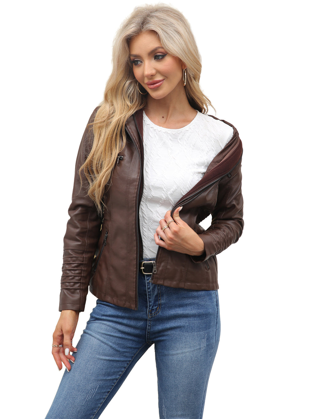 Women's Faux Leather Hooded Jacket Two-Piece Set Slim Fit Long Sleeve teemdrop