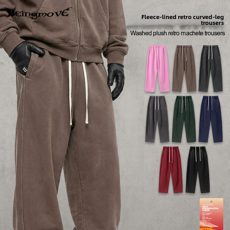 Retro Washed 400g Fleece Lined Curved Cut Straight Leg Sweatpants for Men teemdrop