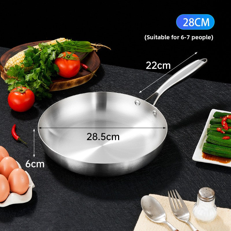 Thickened 304 Stainless Steel Non-Coated Frying Pan with Three-Layer Composite Bottom