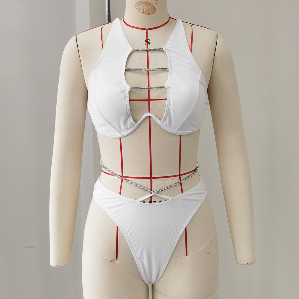 Women's Two-Piece Hollow Out Rhinestone Strap Solid Color Bikini Swimsuit teemdrop