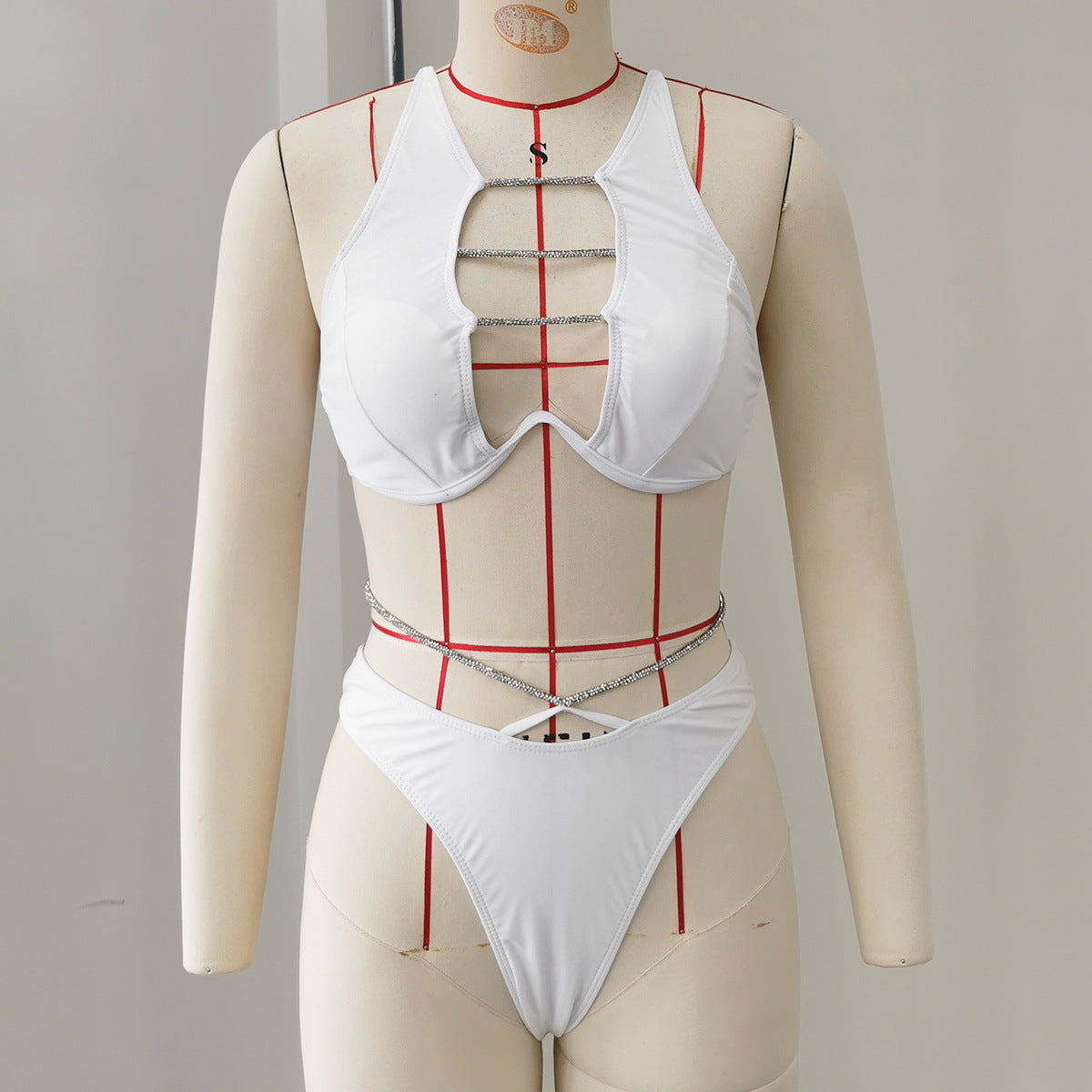 Women's Two-Piece Hollow Out Rhinestone Strap Solid Color Bikini Swimsuit teemdrop
