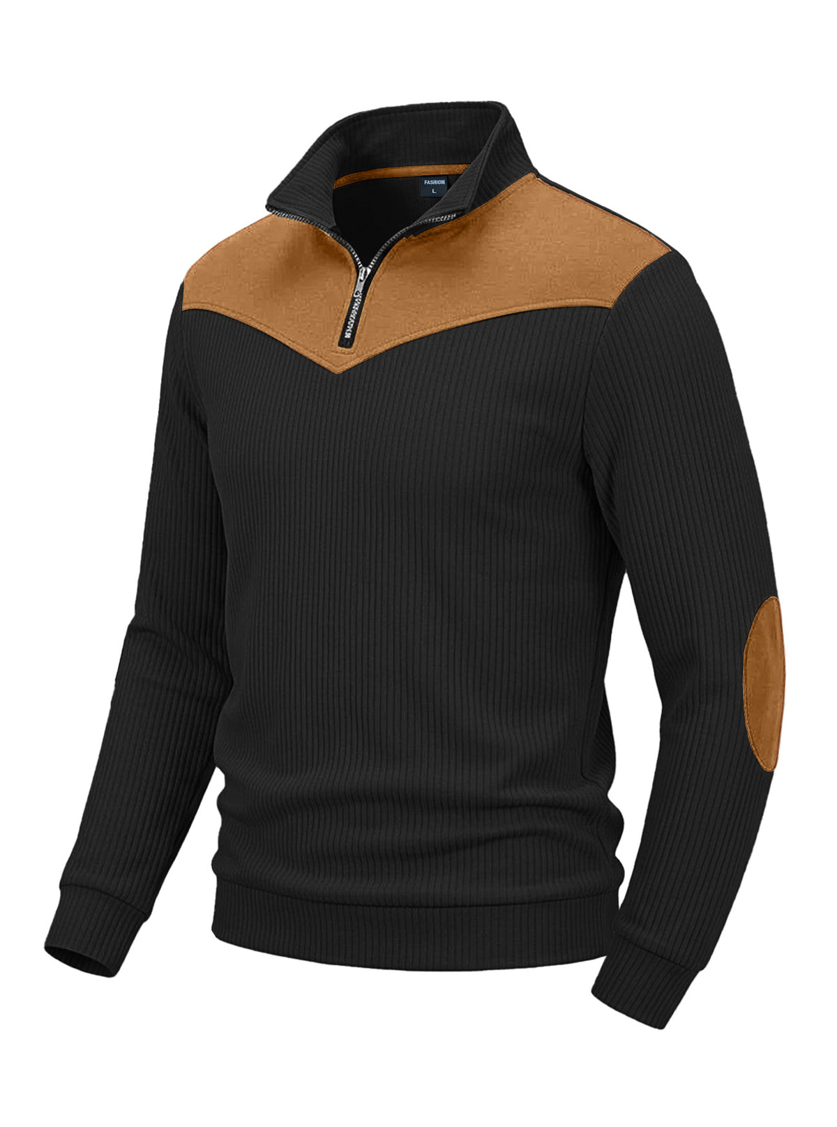 Men's Clothing Vertical Ribbed Half-Zip Stand Collar Sweatshirt with Suede Patchwork Retro Long-Sleeve teemdrop