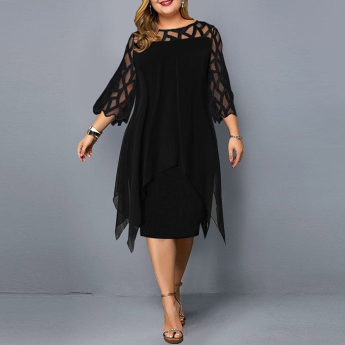 Women's Elegant Lace Patchwork Chiffon Dress with 3/4 Sleeves and Irregular Hem teemdrop