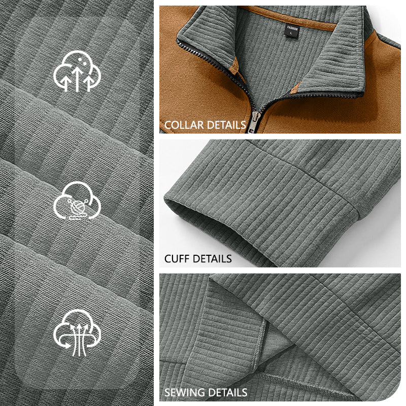 Men's Clothing Vertical Ribbed Half-Zip Stand Collar Sweatshirt with Suede Patchwork Retro Long-Sleeve teemdrop