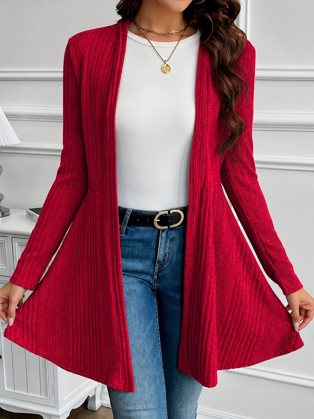 Women's Soft Brushed Ribbed Long Sleeve Open Cardigan
