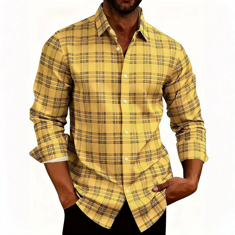 Men's American Retro Plaid Long Sleeve Shirt Casual Lapel Fitted Cardigan teemdrop