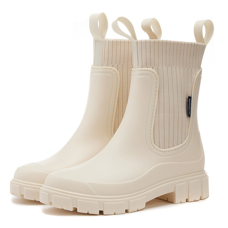 Women's Waterproof PVC Mid-Calf Rain Boots Non-Slip Solid Chelsea Boots teemdrop