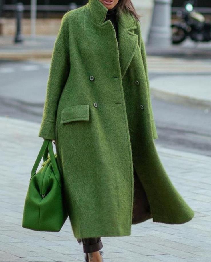 European and American Long Woolen Coat for Autumn and Winter Solid Color Elegant Commuter Wool Green Coat with Belt-Free Lapel