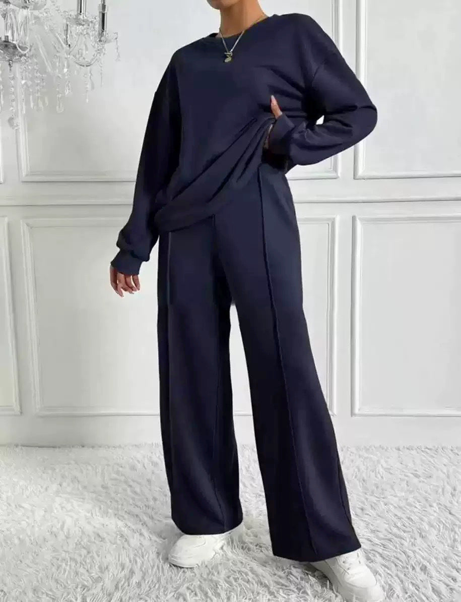 Women's Solid Color Round Neck Long Sleeve Pants Suit Casual Two-Piece Set teemdrop