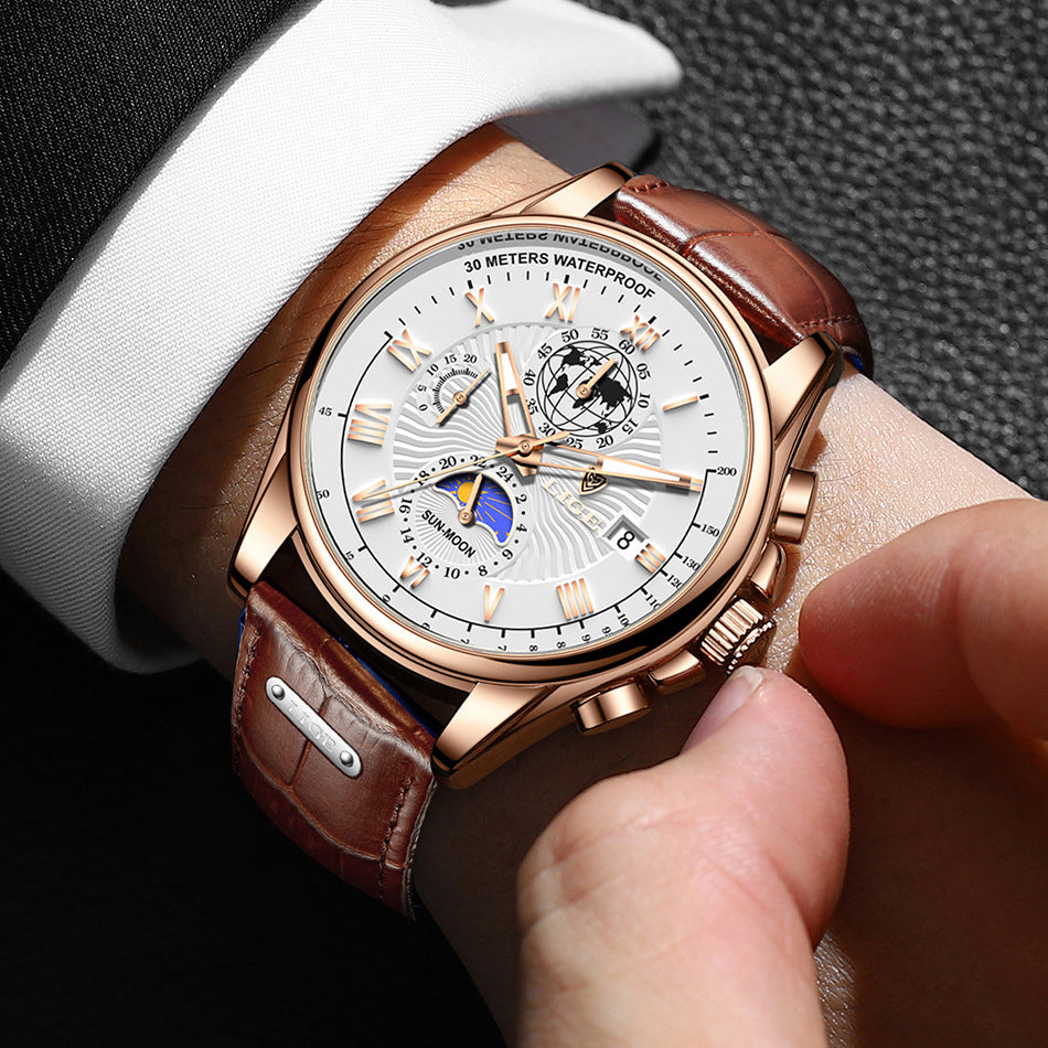 LIGE Men's Business Watch with Moon Phase Multifunction Quartz Wristwatch Leather Strap Waterproof