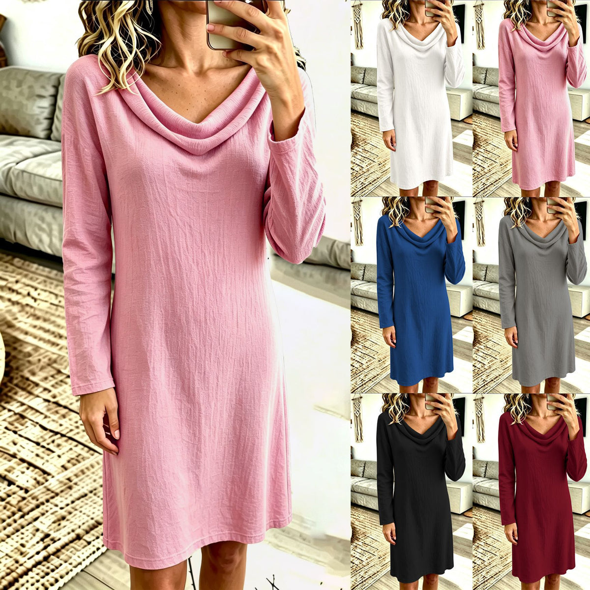 Women's Solid Color Woven Swing Collar Long-Sleeve Mid Dress teemdrop