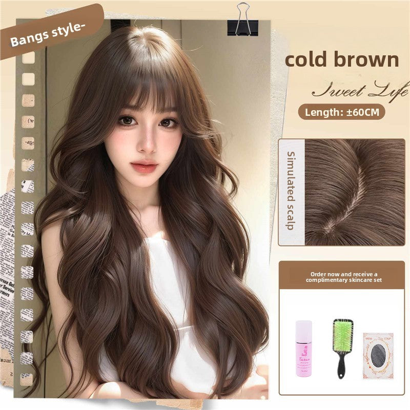 Women's Long Wavy Curly Full Head Wig Seamless Front with Bangs teemdrop