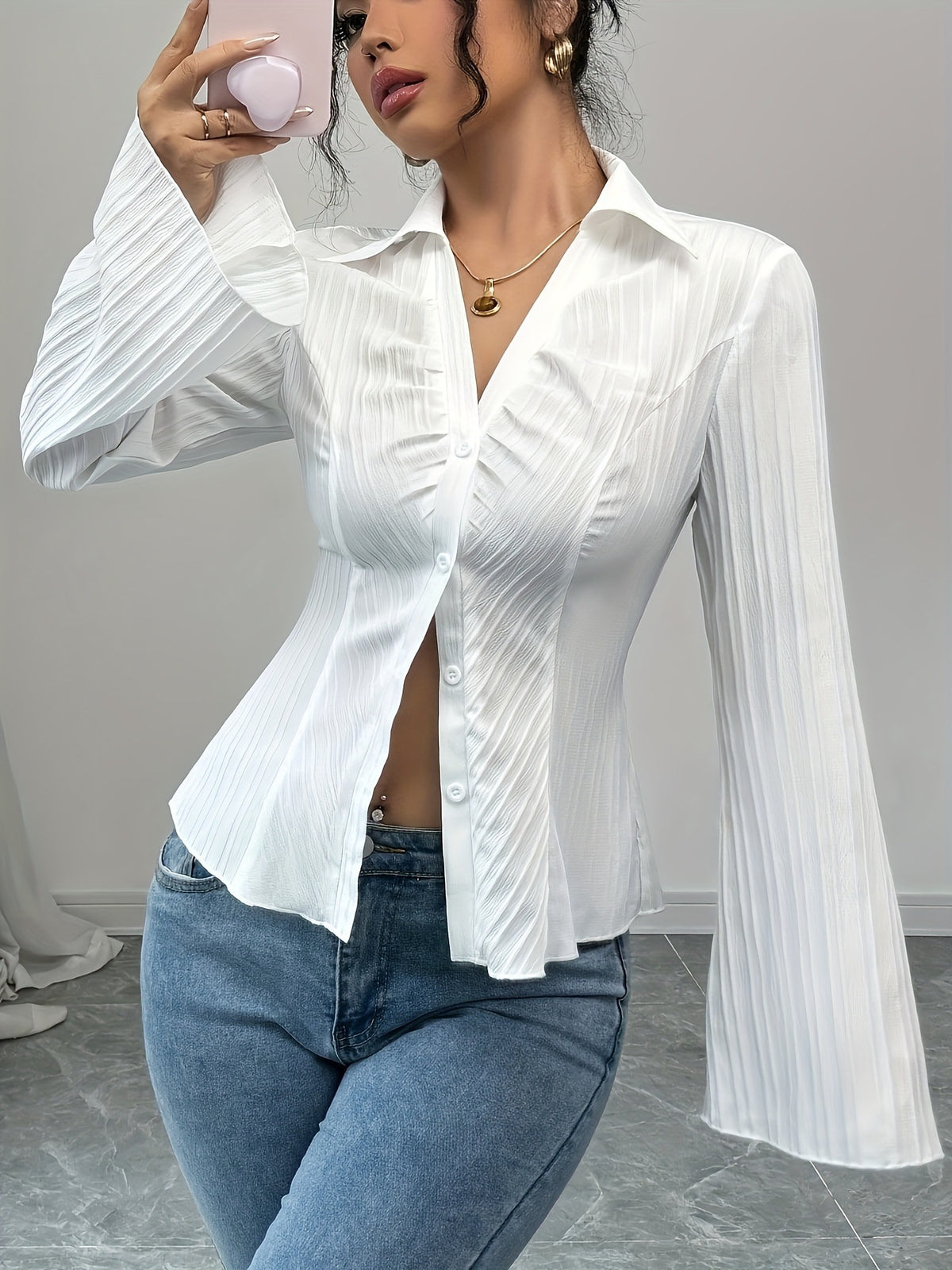 Women's V-Neck Long Sleeve Striped Button-Down Shirt teemdrop