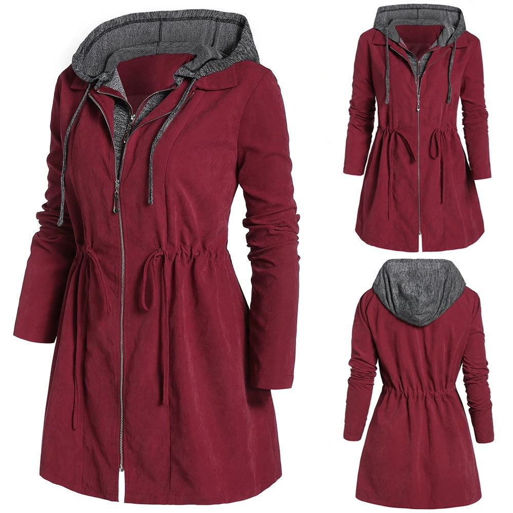 Women's Long Sleeve Double Zipper Hooded Trench Coat teemdrop