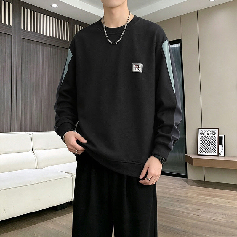 Men's Casual Patchwork Letter Embroidery Round Neck Loose Pullover Sweatshirt