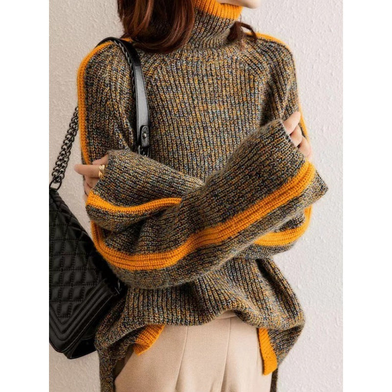 Women's Thick Turtleneck Color-Block Knit Sweater teemdrop