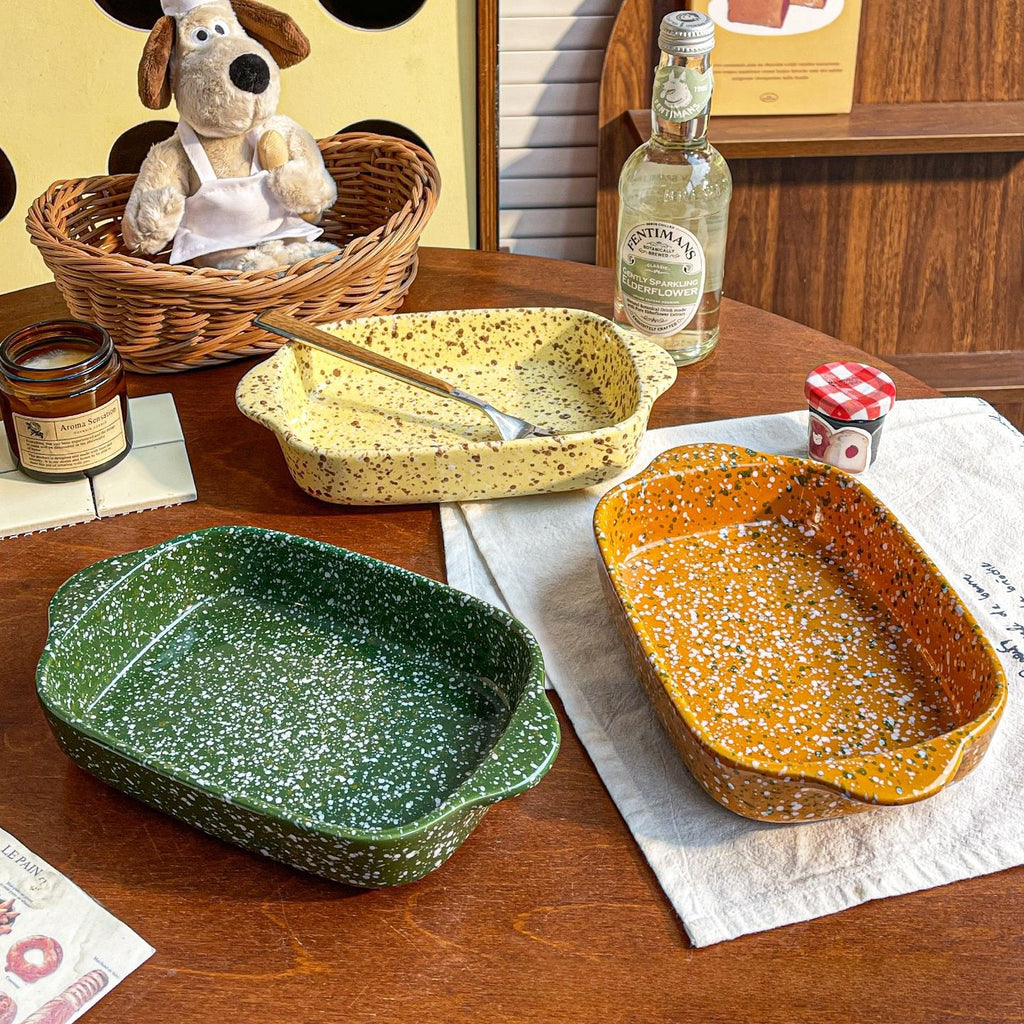 Color splash ink ceramic binaural square baking tray Microwave Baking
