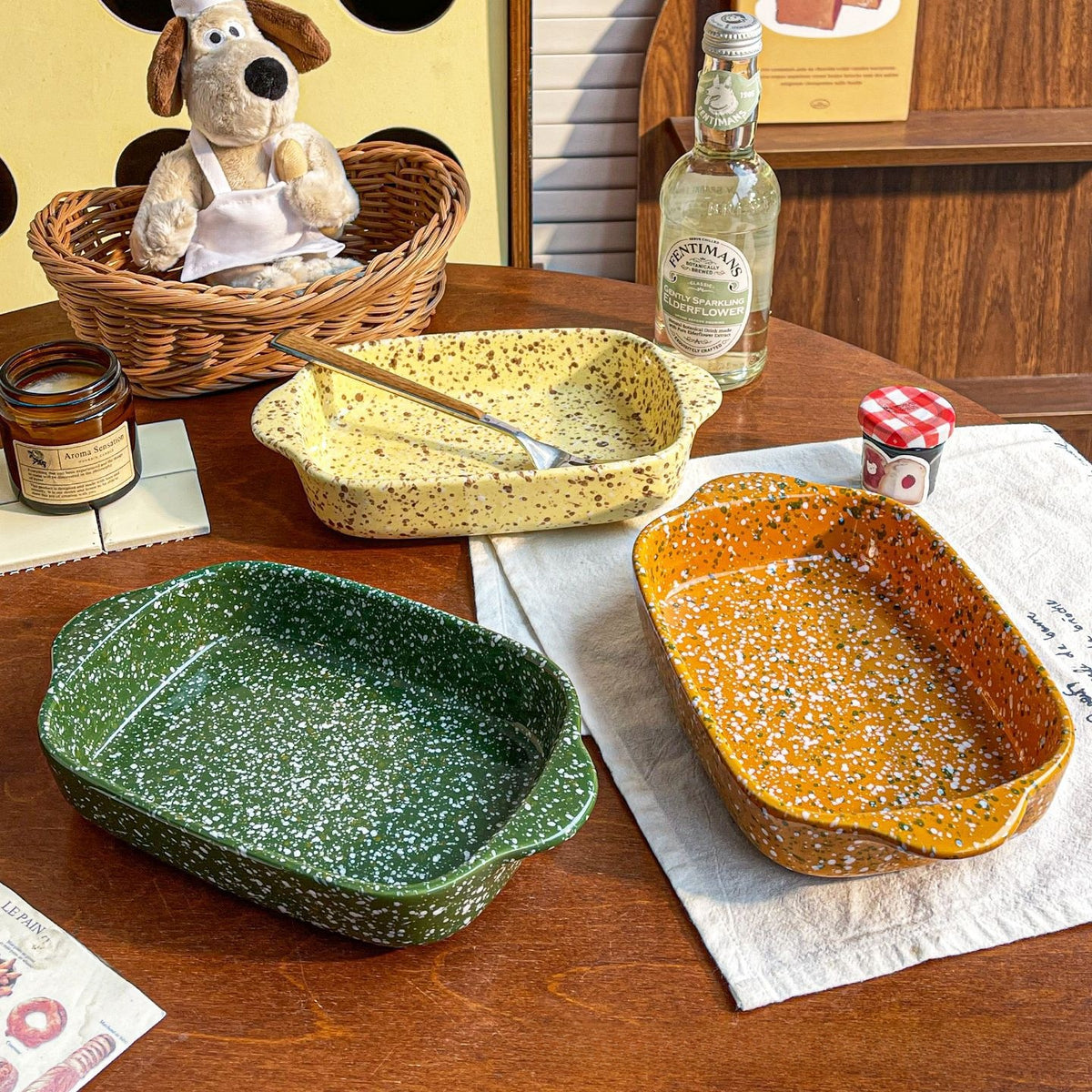 Color splash ink ceramic binaural square baking tray Microwave Baking