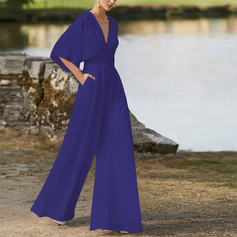 2026 Winter New European and American Foreign Trade Women's Fashion Jumpsuit Amazon Hot-Selling Deep V High-Waisted Wide-Leg Pants
