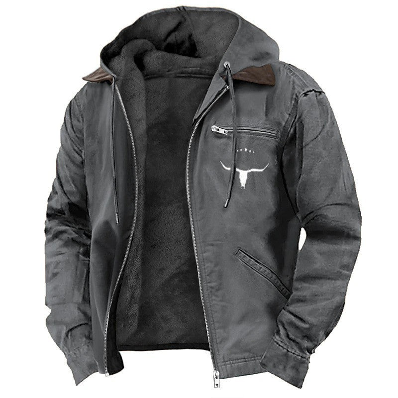 Men's Solid Fleece-Lined Hooded Jacket with Zipper Pocket