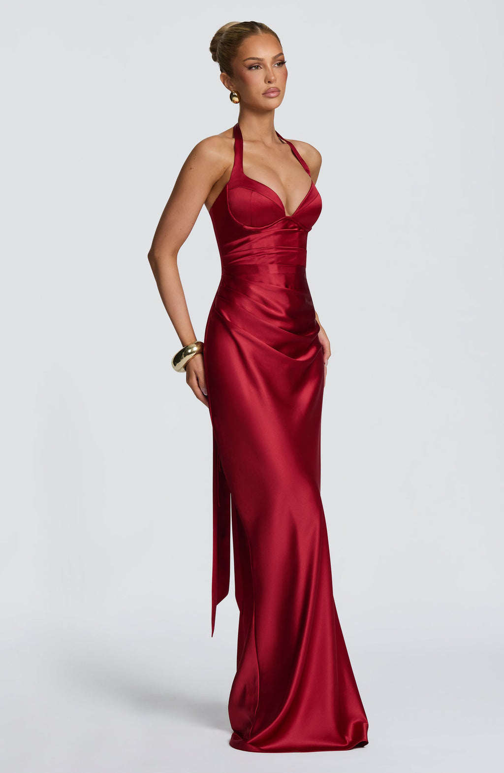 Women's Halter Satin Fishtail Dress Deep V-Neck Backless Tie-Back Long Party Dress teemdrop