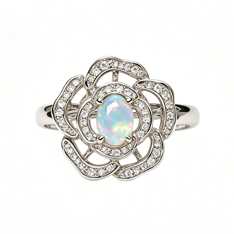 Silver Natural Birthstone Flower Vintage Adjustable Ring