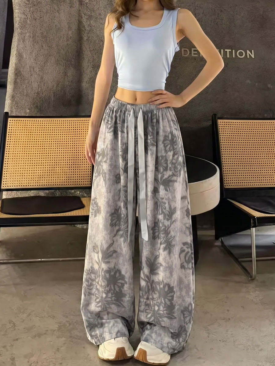 Women's Artistic Print High-Waist Wide-Leg Cotton Casual Pants teemdrop