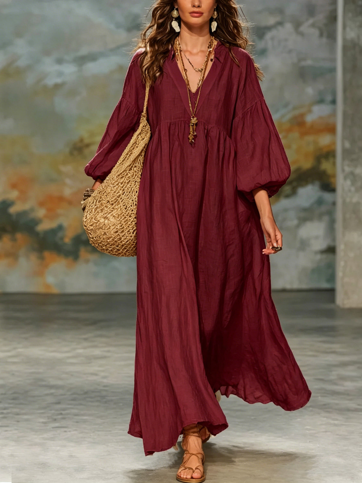 dress women's cotton and linen deep V lantern sleeves teemdrop
