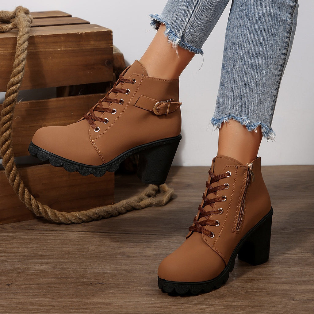 Thick Heel Ankle Boots Round-Toe Lace-Up Martin Boots