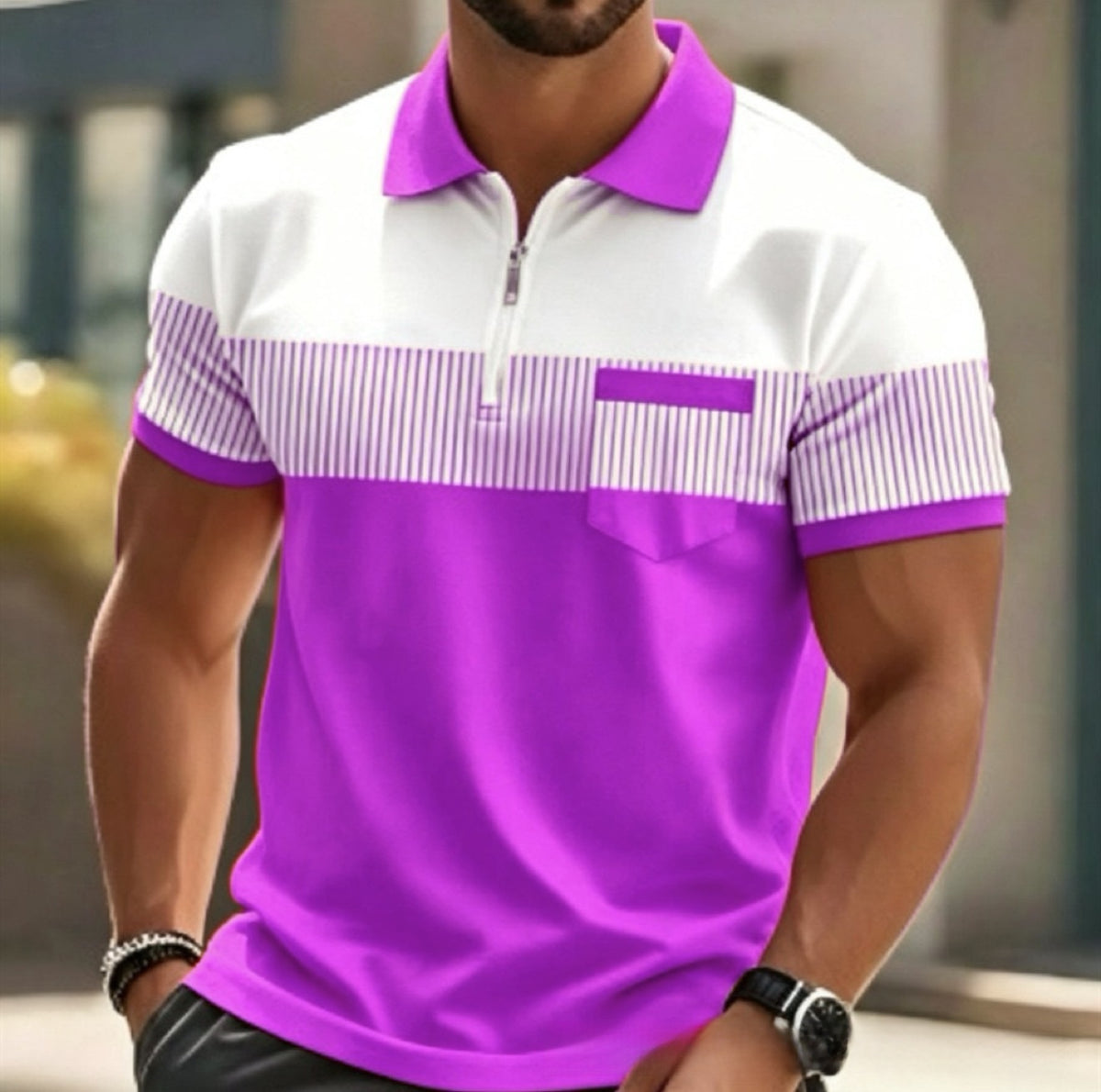 Mens Striped Short Sleeve Polo Shirt