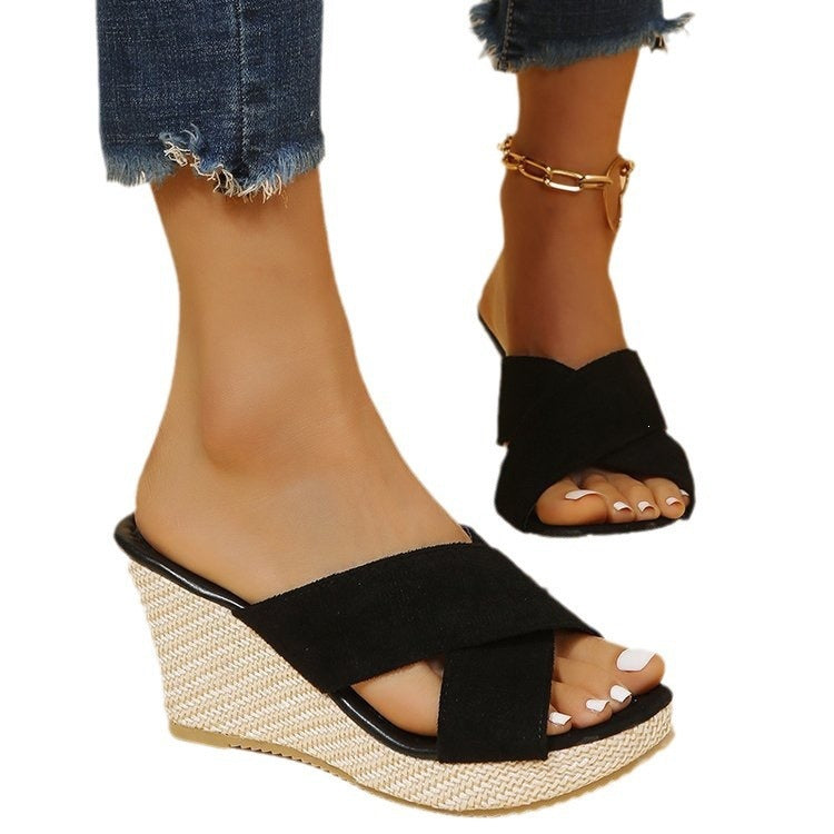 Platform rope thick-soled chunky heel slipper with flat sole